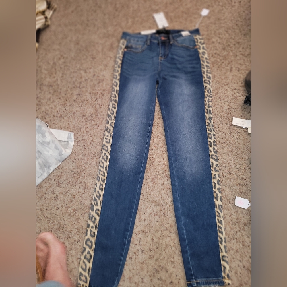 NEW NWTJudy Blue Jeans 5/27 (meas 27x29) Blue Leopard Side Skinny Denim JB841011